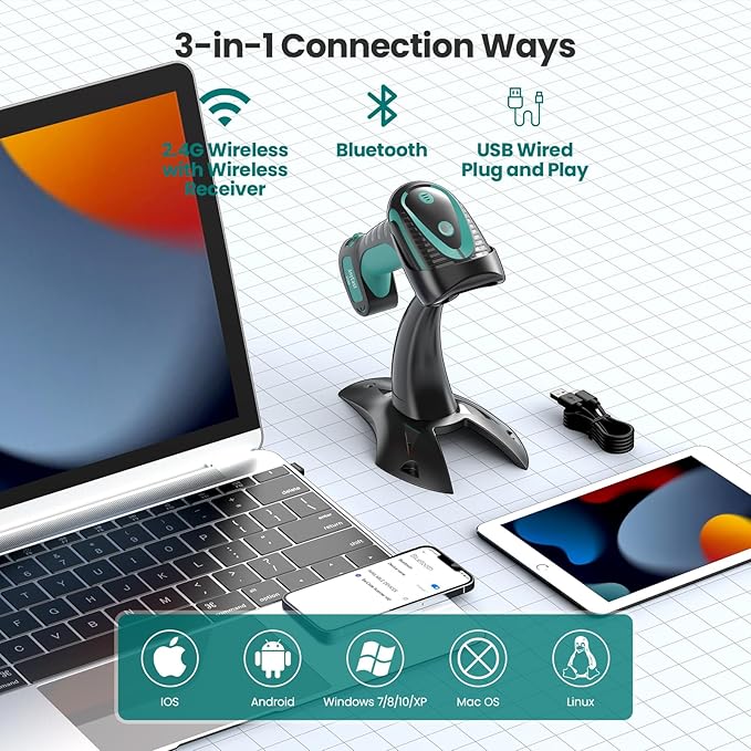 Wireless Barcode Scanner with Stand, Industrial 1D 2D QR Bluetooth Barcode - Image 2