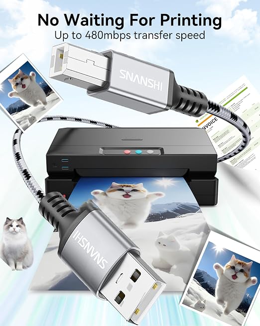 SNANSHI USB Printer Cable 30ft, Nylon Braided High Speed USB 2.0 Type A Male to - Image 3