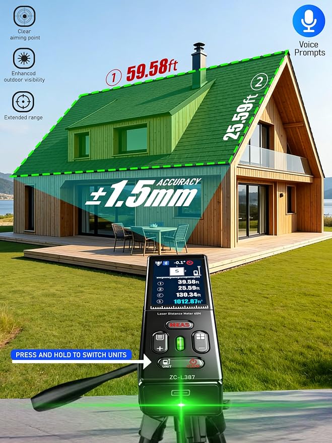 ZC-L387 Laser Measurement Tool 196Ft/60m Green Laser Distance Meter - Image 3