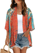 Women's Floral Print Puff Sleeve Kimono Cardigan Loose Cover Up Casual Blouse by CHICGAL
