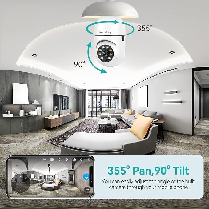 Noonkey 2K/3MP Light Bulb Security Camera, 5G& 2.4GHz WiFi Alexa E27 360° Light - Image 5