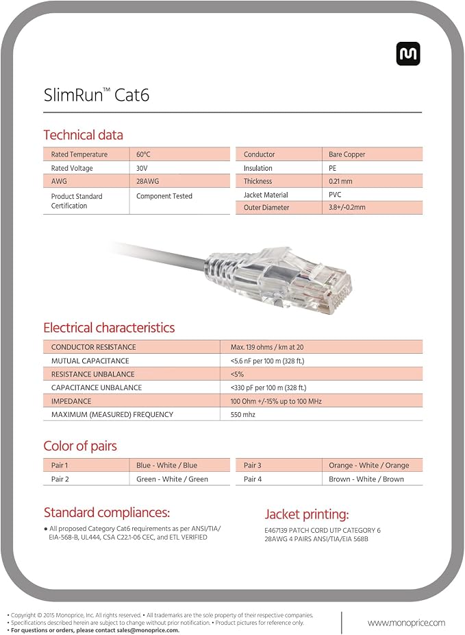 Monoprice Cat6 10ft Red Component Level Patch Cable UTP 28AWG 550MHz Pure Bare - Image 6