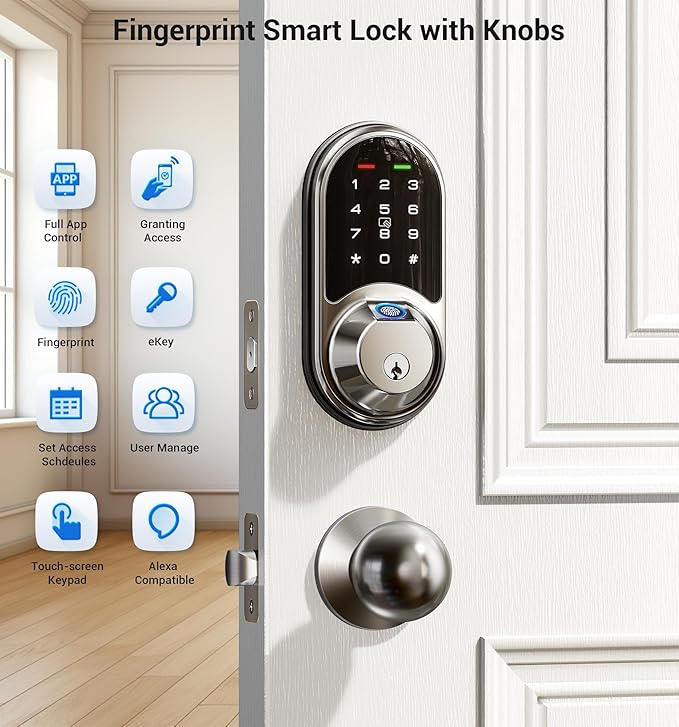 Veise RZ07C Smart Locks for Front Door, 2 Knob Handle Set, Fingerprint Keyless - Image 4
