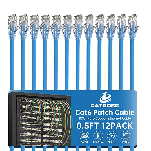 0.5 Foot Cat6 Patch Cables, Solid Pure Copper Patch Cord, Cat 6 Ethernet Cable by CatBose