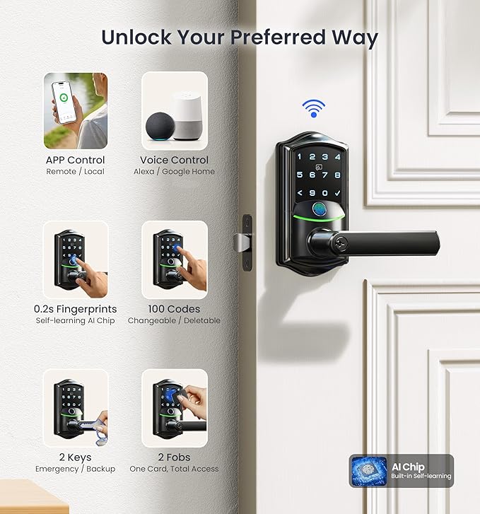 Veise VE029 WiFi Smart Lever Lock, Fingerprint Keyless Entry Door Lock - Image 2