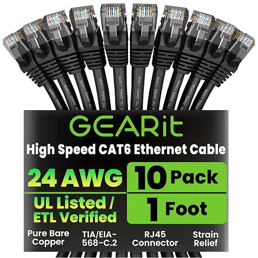 GEARit Cat 6 Ethernet Patch Cable 1 ft Black Cat6 Patch Cables 1ft by GEARit