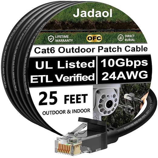 Cat 6 Outdoor Ethernet Cable 25 ft, Support Cat8/7 Network, 10Gbps 550MHz by Jadaol