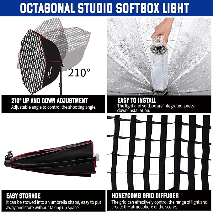 110W Softbox Lighting Kit, 37.4 "/95cm Large Octagonal Parabolic Soft Box - Image 5