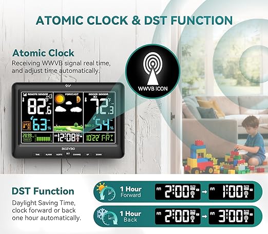Weather Station Wireless Indoor Outdoor Thermometer: BOZYBO Digital Atomic Clock - Image 2