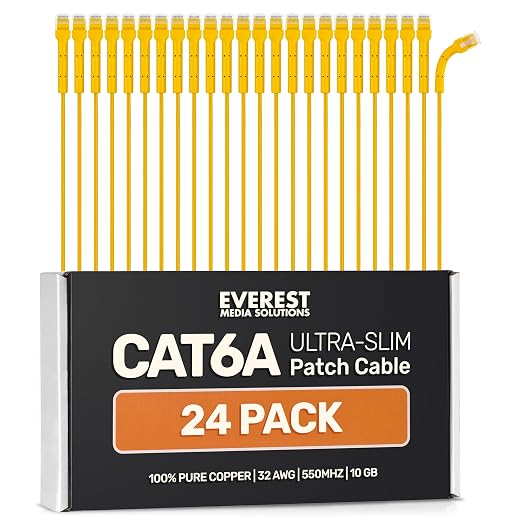 Everest Ultra Slim Cat6a Ethernet Patch Cables 15ft Yellow by EverestMediaSolutions