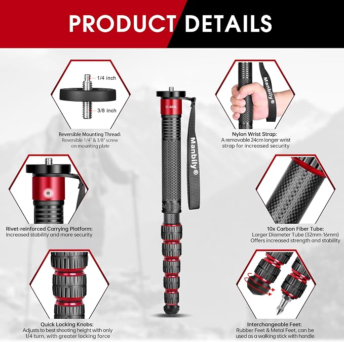 Manbily Camera Monopod, C-666L 32mm Tube Carbon Fiber Monopod - Image 4