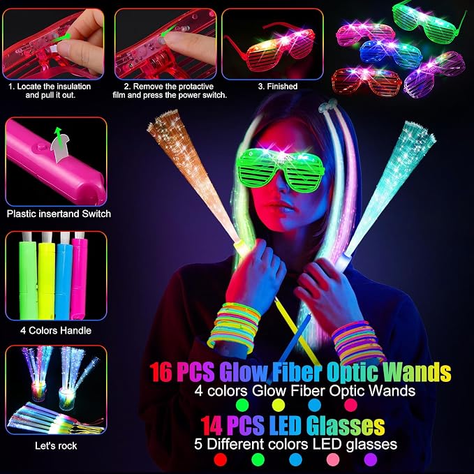 OLUPP 148 PCS Glow in the Dark Party Supplies, 16 Fiber Optic Wands, 14 LED - Image 6