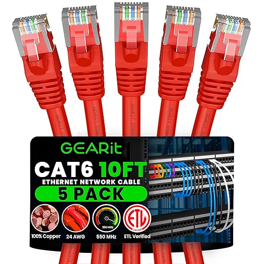 GEARit Cat 6 Ethernet Patch Cable 10 ft Red Cat6 Patch Cables 10ft Red/Ethernet by GEARit