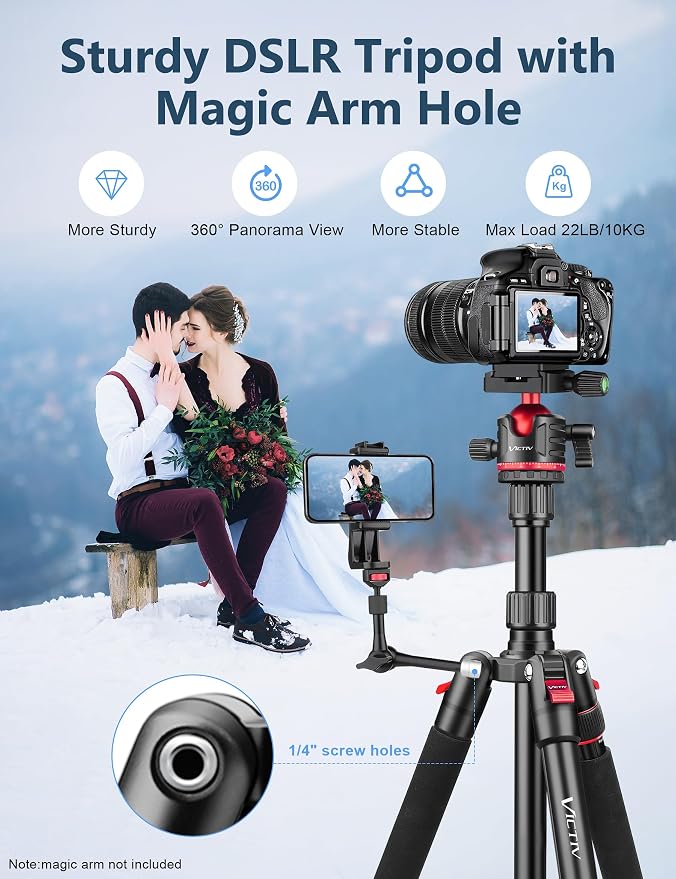 78" Porfessional Tripod for Camera & Phone, Victiv Aluminum Camera Tripod - Image 2