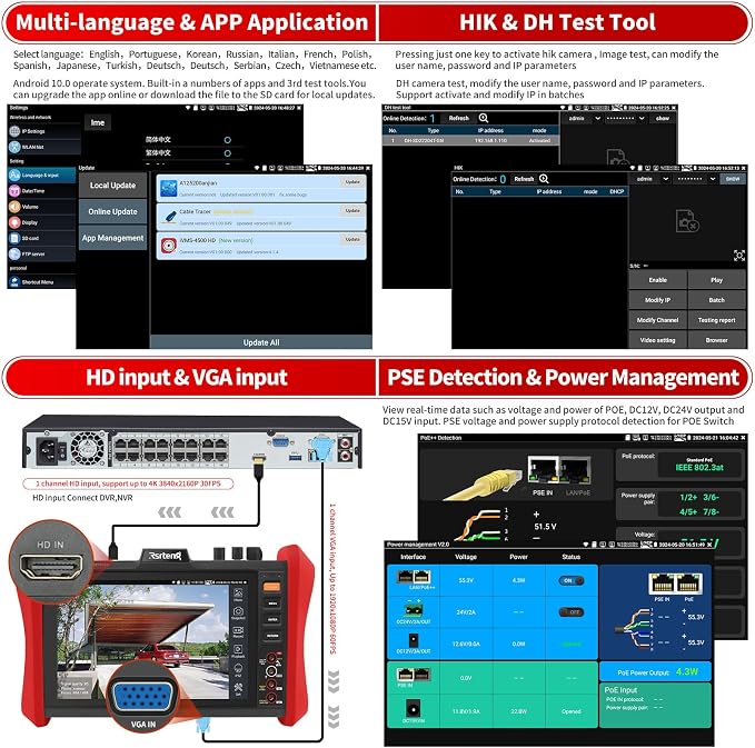 Rsrteng CCTV Tester 4K 12MP IP Camera Tester POE++ Max 90W POE Camera Tester - Image 8