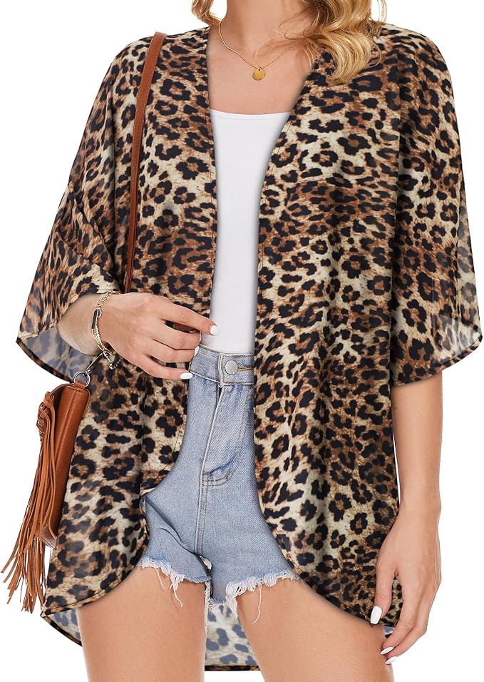 Women's Floral Print Puff Sleeve Kimono Cardigan Loose Cover Up Casual Blouse - Image 5