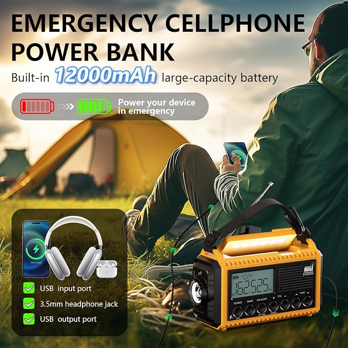 Emergency Radio12000mAh, Weather Radio 6 Ways Powered, Solar Hand Crank Radio - Image 4