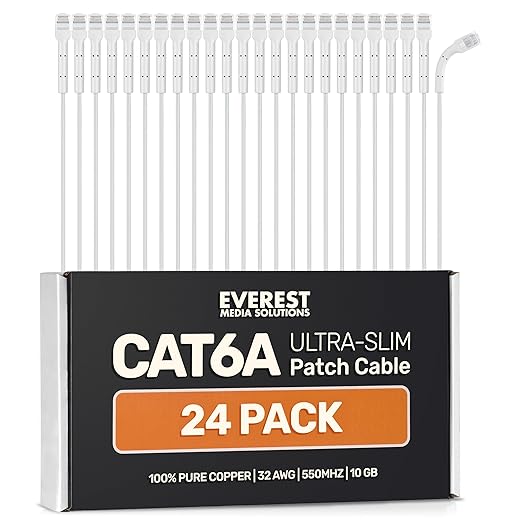 Everest Ultra Slim Cat6a Ethernet Patch Cables 15ft White by EverestMediaSolutions