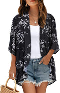Women's Floral Print Puff Sleeve Kimono Cardigan Loose Cover Up Casual Blouse by CHICGAL