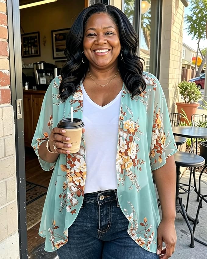 Women's Floral Print Puff Sleeve Kimono Cardigan Loose Cover Up Casual Blouse - Image 5