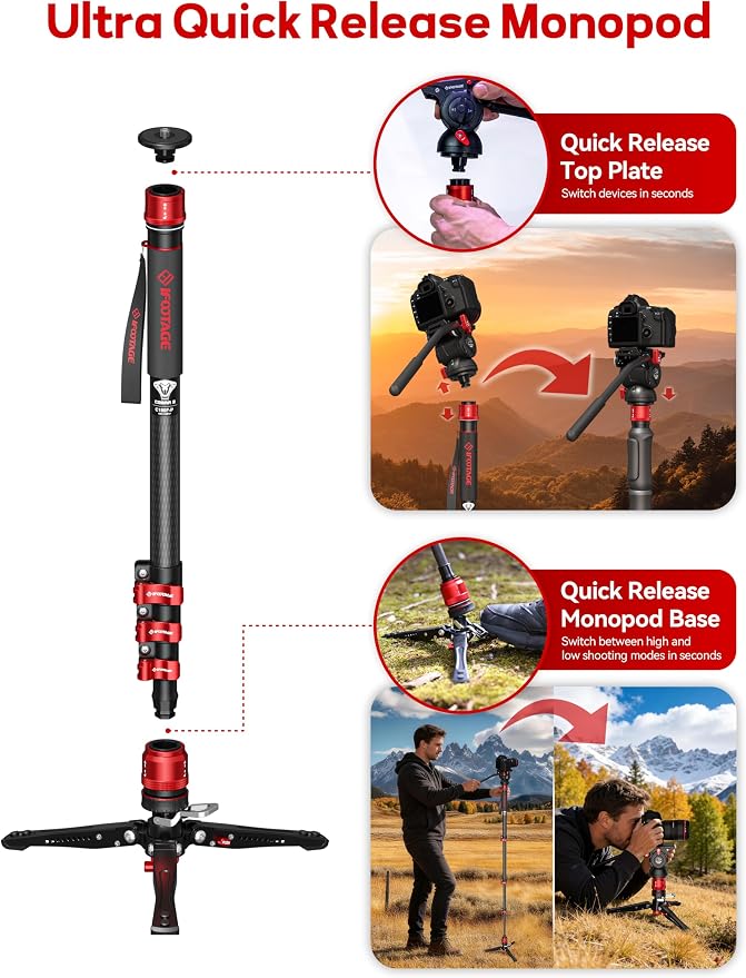 IFOOTAGE Monopod Cobra 3 C180F-P, 1/4'' & 3/8'' Quick Release Compatible - Image 3