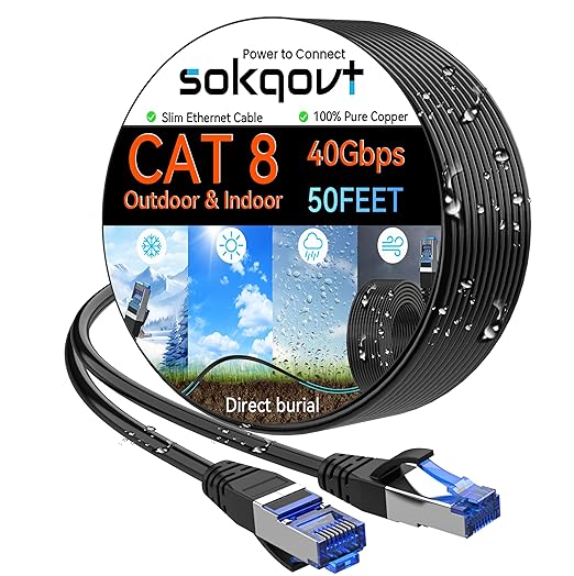 Sokqovt Cat 8 Ethernet Cable Slim 50ft Outdoor&Indoor, Pure Copper Cat8 by Unknown