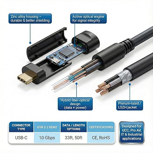 Fiber Optic USB A to USB C Cable 33ft, 10Gbps Active Optical Long-Distance - Image 3