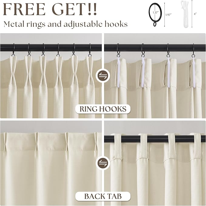Cream Beige Pinch Pleated Linen Curtains 112 Inch 4 Panels Set - Image 5