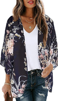 Women's Floral Print Puff Sleeve Kimono Cardigan Loose Cover Up Casual Blouse by CHICGAL