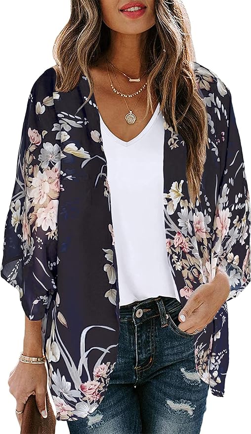 Women's Floral Print Puff Sleeve Kimono Cardigan Loose Cover Up Casual Blouse by CHICGAL