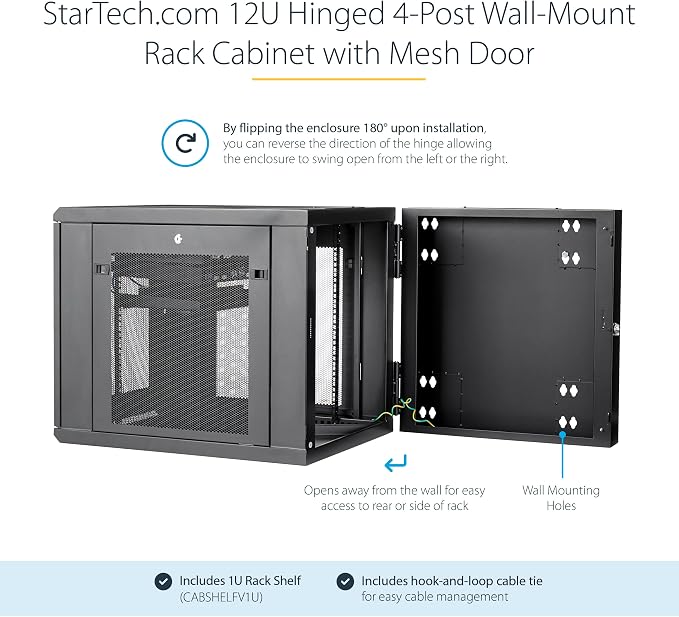 StarTech 4-Post 12U Wall Mount Network Cabinet w/ 1U Shelf, Ships Fully - Image 2