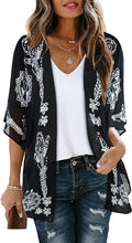 Women's Floral Print Puff Sleeve Kimono Cardigan Loose Cover Up Casual Blouse by CHICGAL