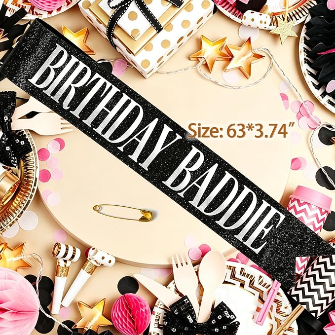 Birthday Baddie Sash – Black Glitter Satin Wearable Accessory - Image 3