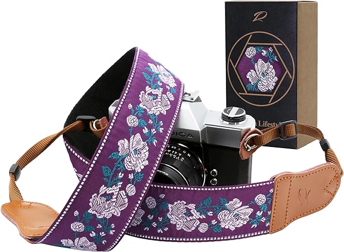 Padwa Lifestyle Purple Flowers Embroidered Camera Strap by PadwaLifestyleCameraStrap