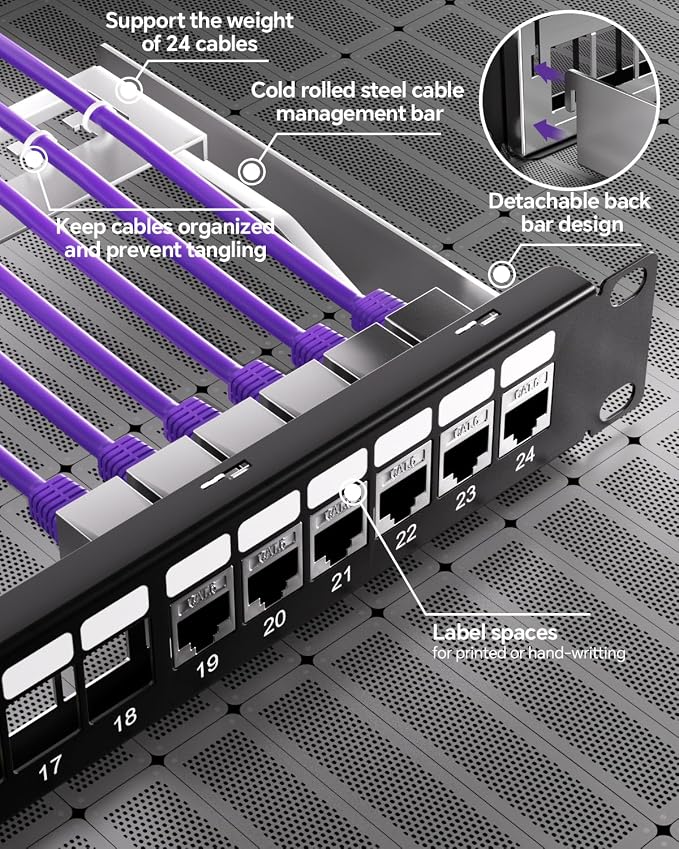 VCELINK 24-Port All Metal Blank Keystone Shielded Patch Panel, 1U Rackmount - Image 3