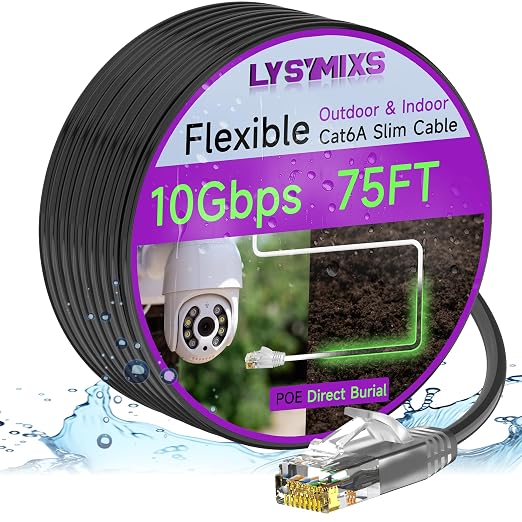 Cat6a Slim Ethernet Patch Cable 75ft Outdoor & Indoor, Flexible 10G Cat6 by Lysymixs