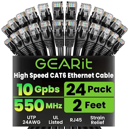 GEARit Cat 6 Ethernet Patch Cables 2 ft Black, CAT6 High Speed 24AWG 10Gbps by GEARit