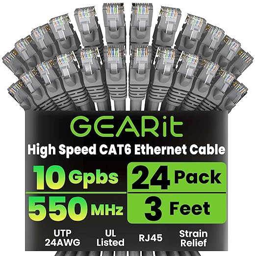GEARit Cat 6 Ethernet Patch Cables 3 ft Gray, CAT6 High Speed 24AWG 10Gbps RJ45 by GEARit