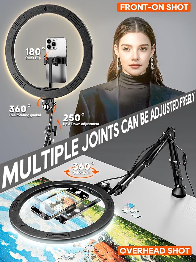 Upgrade Ring Light Overhead Phone Mount, 12”Circle LED Desk Ring Light - Image 3
