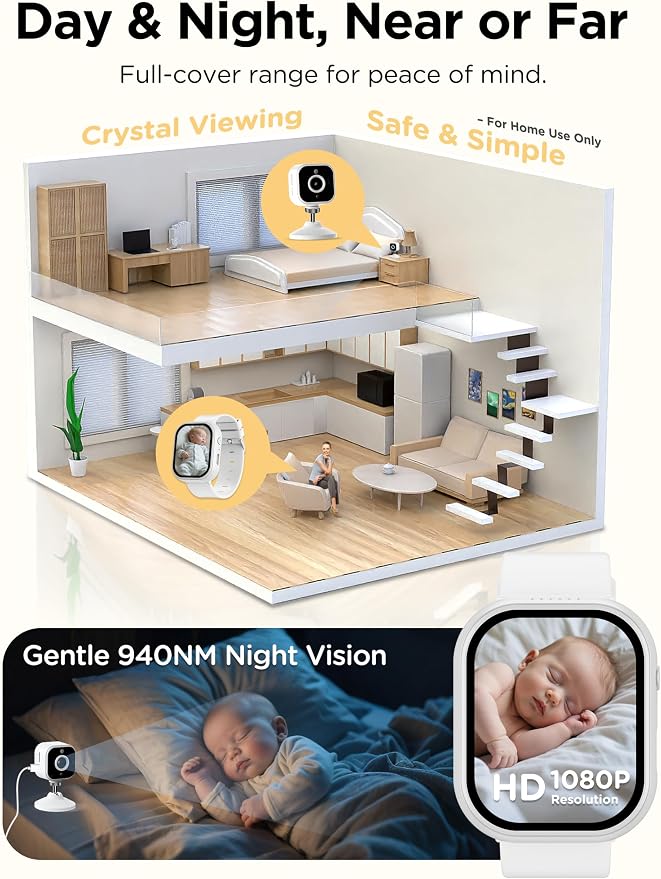 NUOTUN Baby Monitor with Camera and Audio Watch, Wearable Portable 2'' HD Baby - Image 3