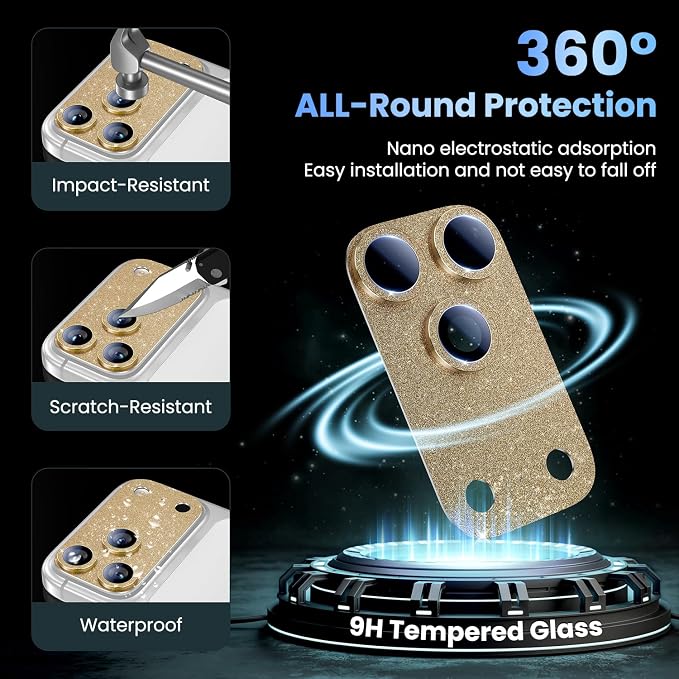 Uyiton for iPhone 17-Pro Camera-Lens Protector: Bling Metal Tempered Glass Rear - Image 2