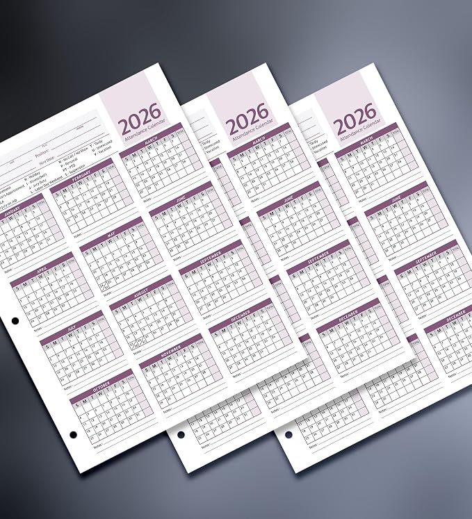 Attendance Calendar Employee Card Attendance Record Tracker 2026, Heavy 100lb by Ausoleil