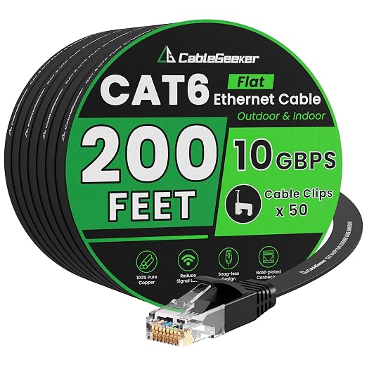 Cat 6 Ethernet Cable 200 ft, High Speed 10Gbps Flat Internet Network Cable by CableGeeker