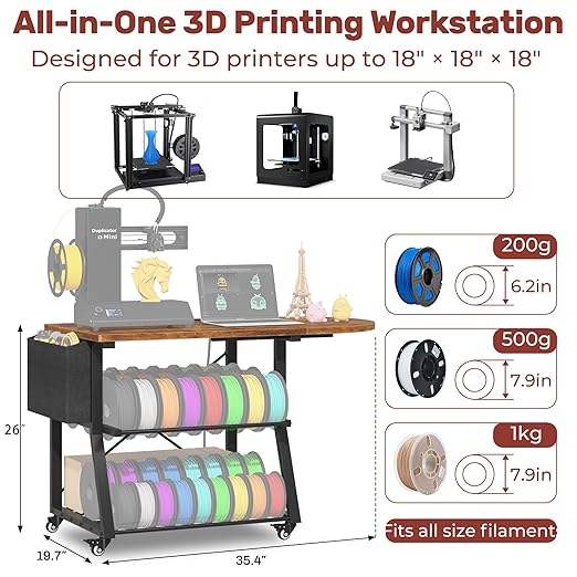 3D Printer Stand with Foldable Desktop & Fabric Drawer – Compact Rolling 3-Tier - Image 2