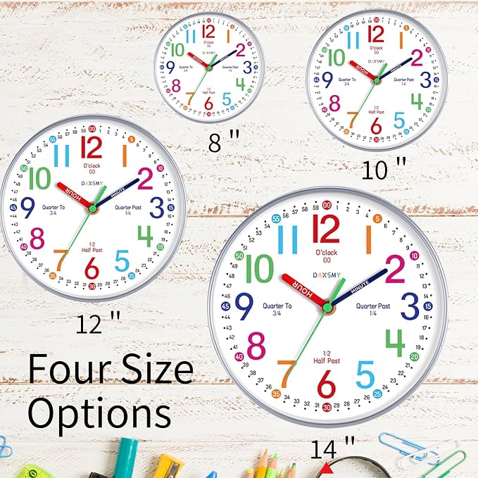 Roymnie 14 Inch Wall Clock for Kids Learning to Tell Time, Modern Silent - Image 3