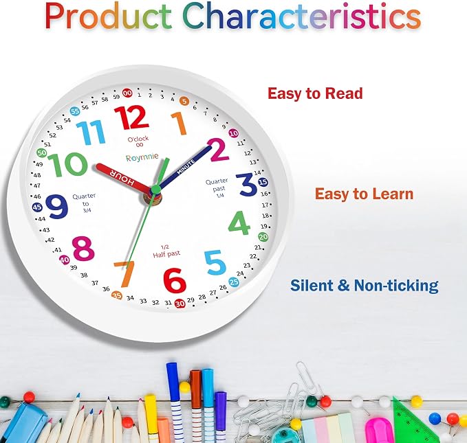 Roymnie12 Inch Wall Clock for Kids Learning to Tell Time Easily Analog Non - Image 6