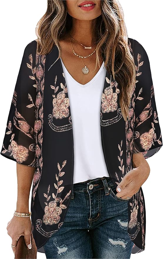 Women's Floral Print Puff Sleeve Kimono Cardigan Loose Cover Up Casual Blouse by CHICGAL