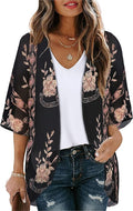 Women's Floral Print Puff Sleeve Kimono Cardigan Loose Cover Up Casual Blouse by CHICGAL