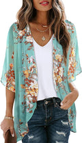 Women's Floral Print Puff Sleeve Kimono Cardigan Loose Cover Up Casual Blouse by CHICGAL