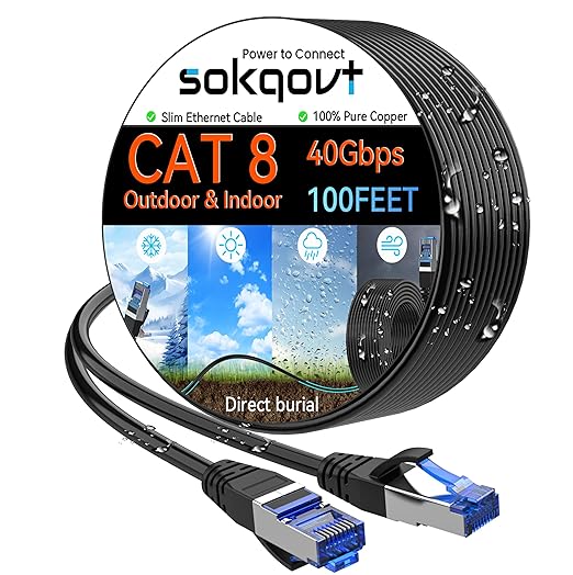 Sokqovt Cat 8 Ethernet Cable Slim 100ft Outdoor&Indoor, Pure Copper Cat8 by Unknown